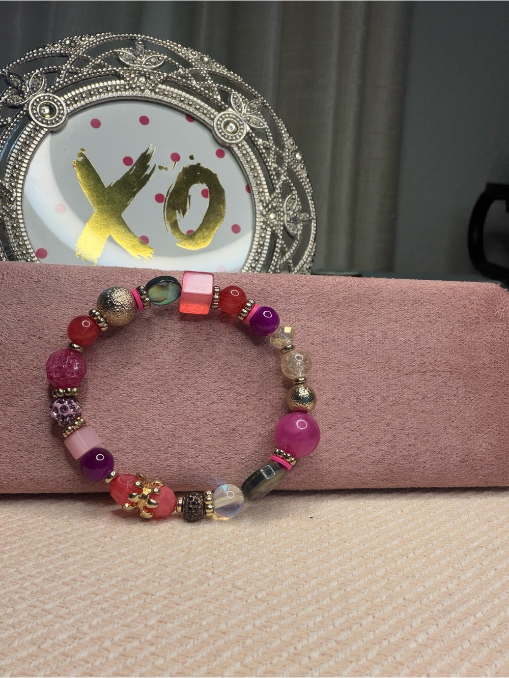 Artisan Pink Purple Beaded Stretch Bracelet Crackle Glass Abalone Gold Tone